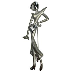 Vintage Art Deco Womens Silver Tone Sculpted Glamour Lady Statement Brooch